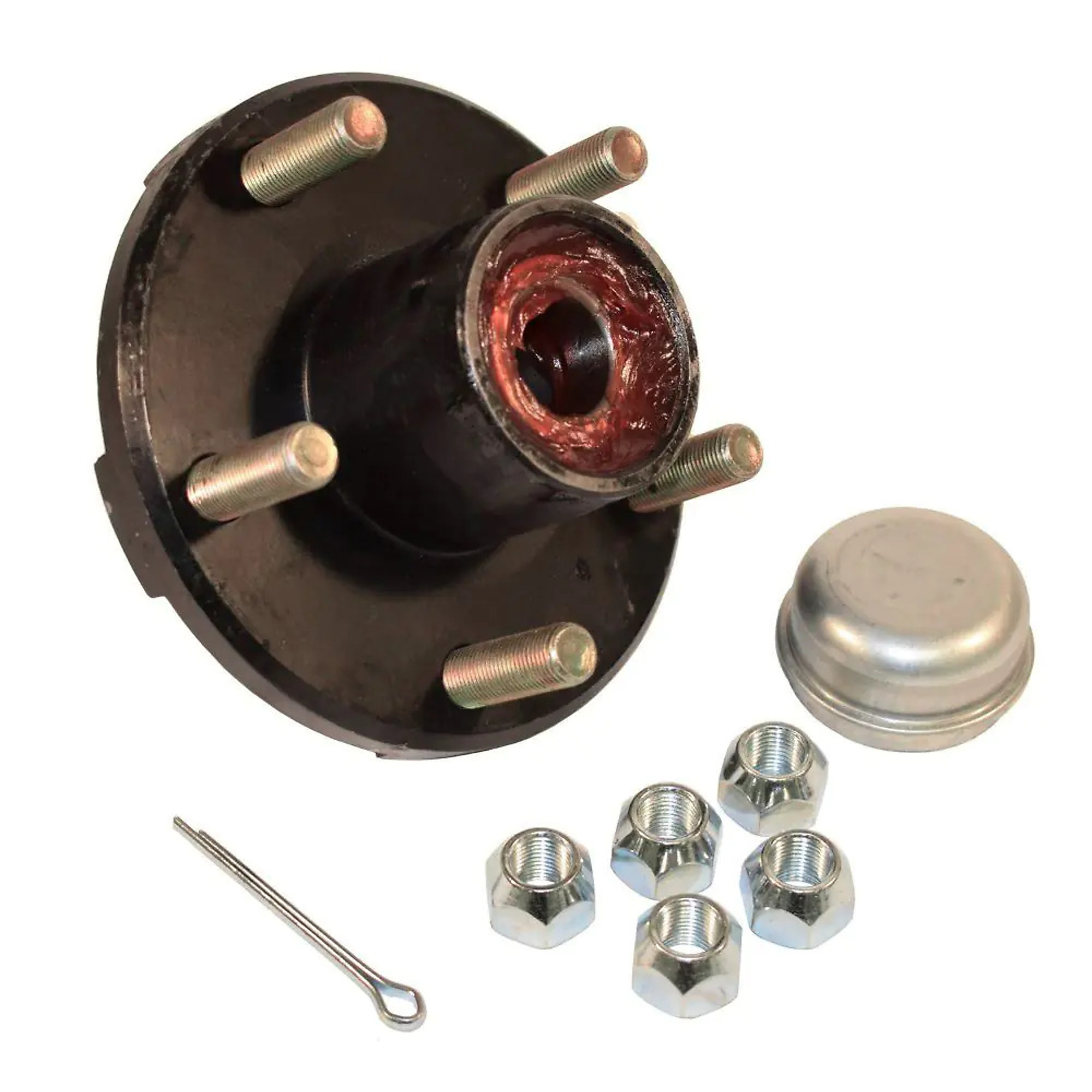 Rigid Hitch, Pre-Greased 5-Bolt Hub Assembly, 5 On 4.5 Inch Bolt Circle, 1250lb Capacity for 1 inch Straight Spindles, Model# RHI-150-PG